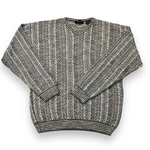Vintage Lorenzo Italy Pullover Sweater Textured Knit Striped V Neck  Gray Large